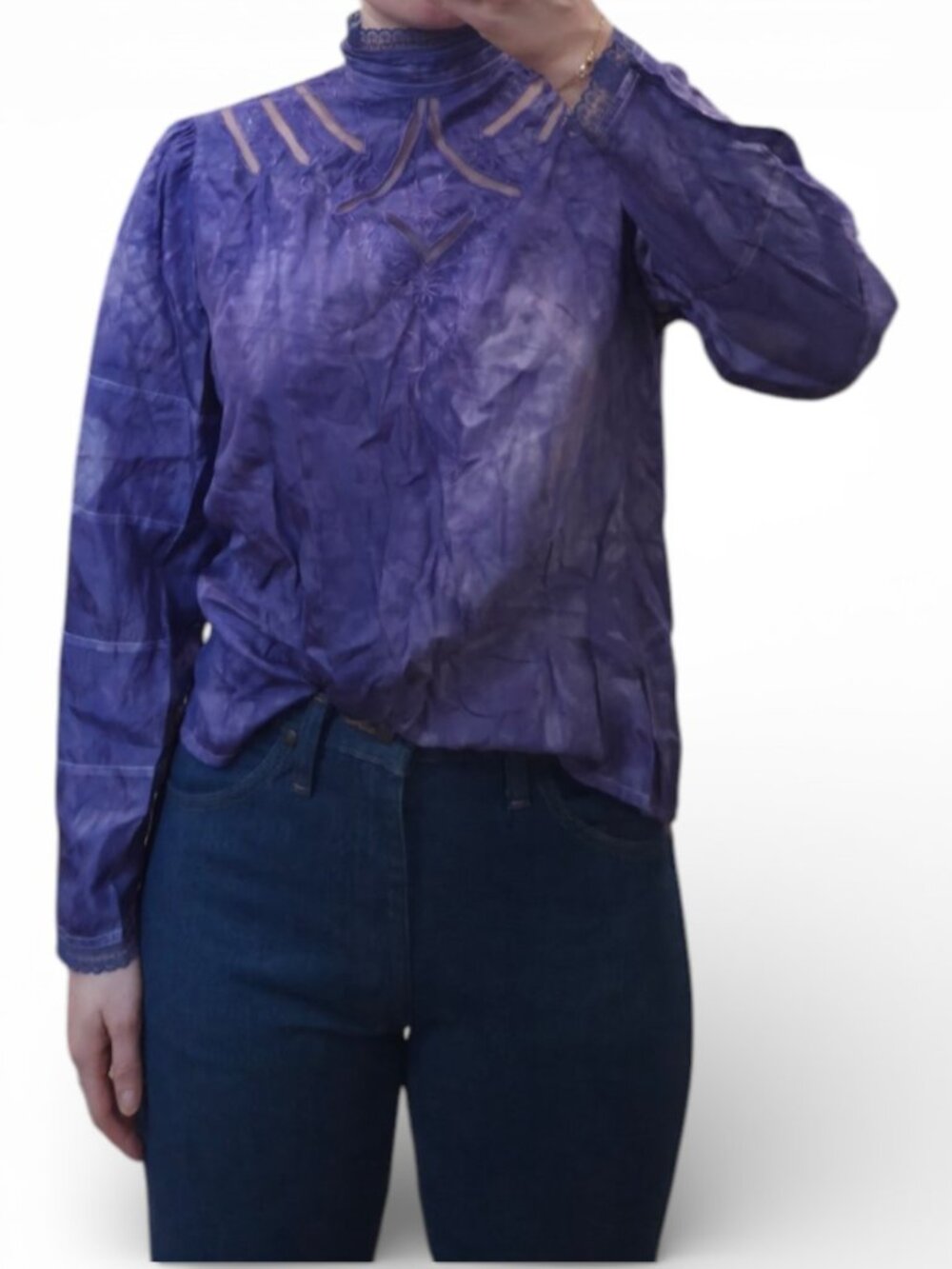 Vintage Purple Silk High Neck Victorian Blouse Sheer Silk Hong Kong